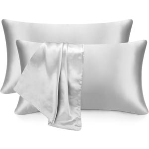 2 Pack Satin Pillow Cases, Similar to Silk Pillowcases Standard Set of 2, Health, Smooth, Beauty Sleep, Soft Breathable Cooling Satin Pillow Covers for Women Men (Silver)