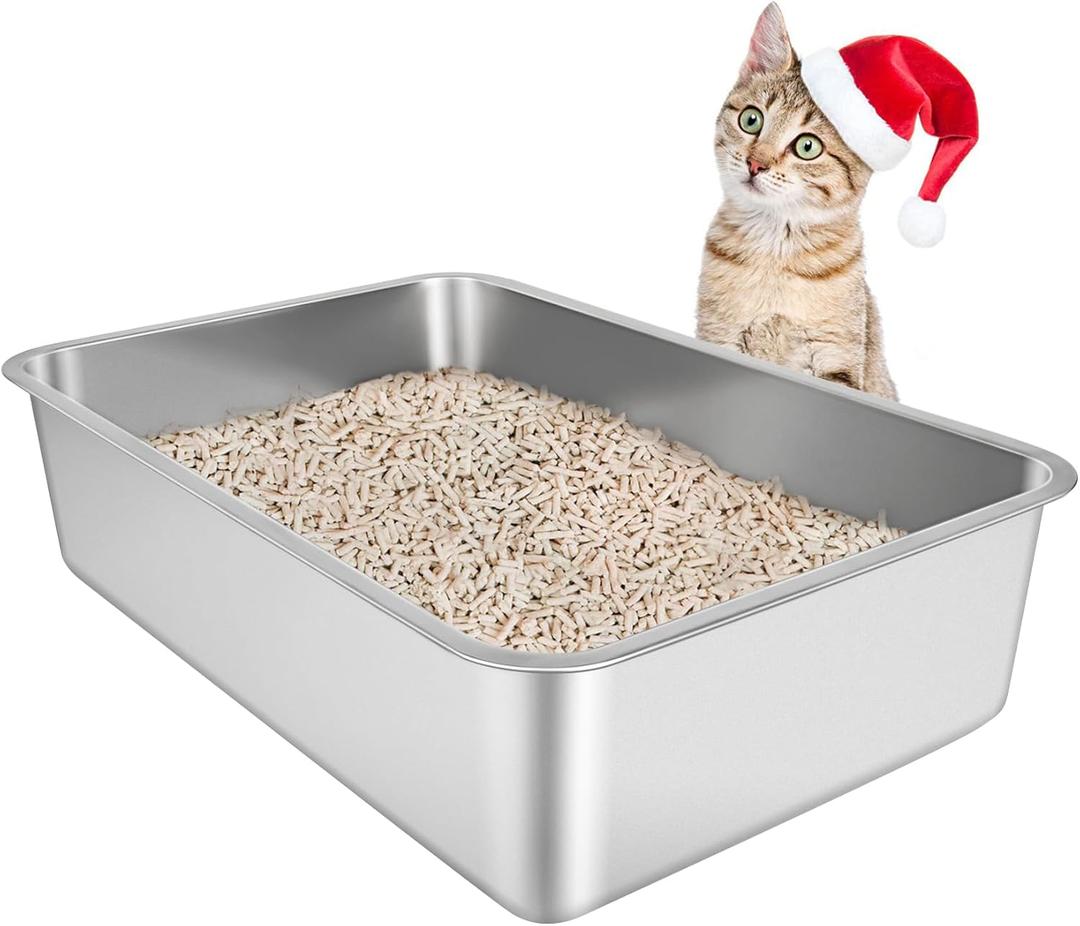 IKITCHEN Stainless Steel Cat Litter Box, Large Metal Litter Box for Cats, Never Absorbs Odors,Stain Free, Rustproof, Non Stick Smooth Surface, Anti-Slip Rubber Bottom, 19.5" L x 13.5" W x 6" H