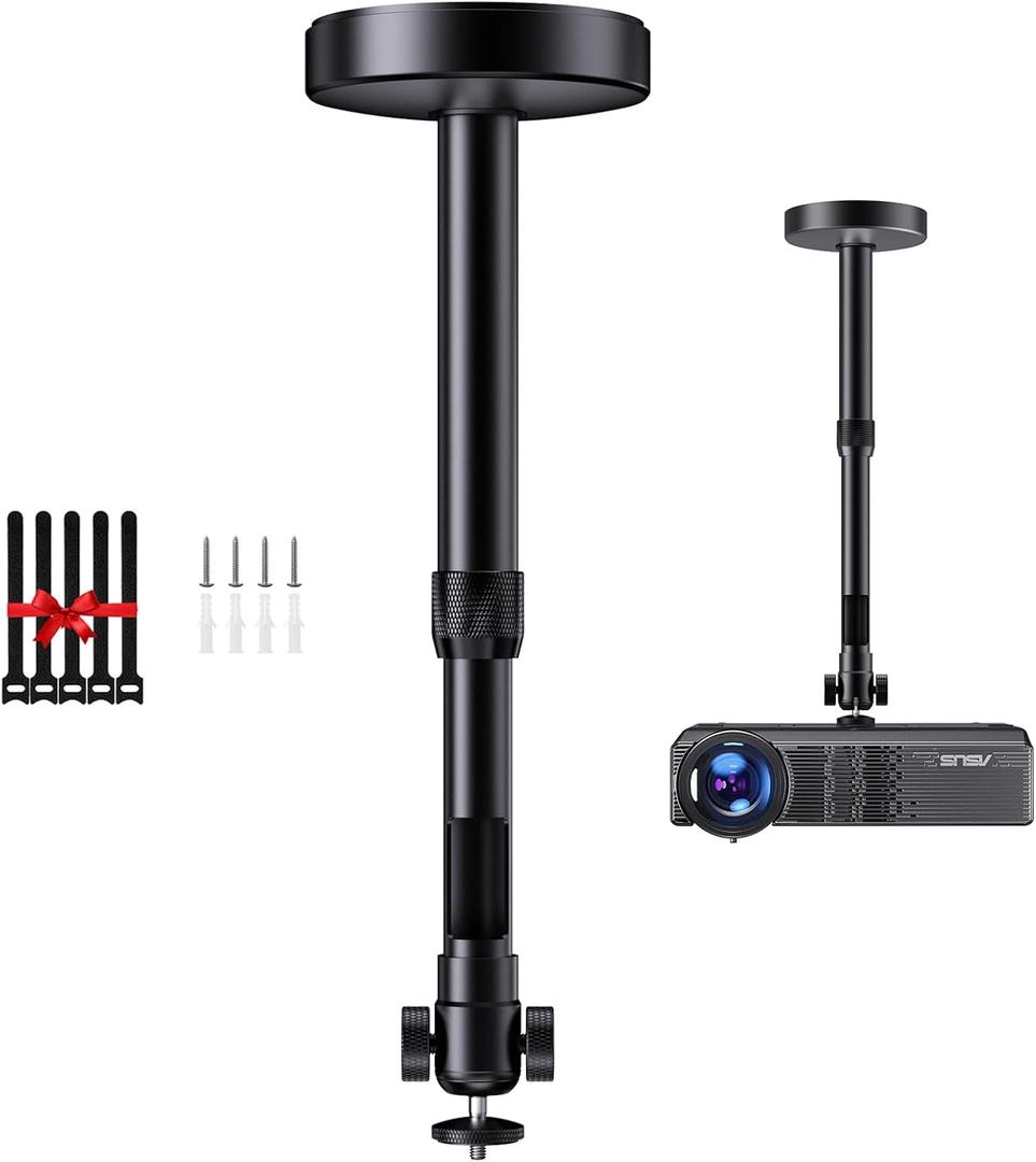 Projector Ceiling Mount with New Gimbal, Adjustable Length Projector Mount, -Inch Screw, Compatible with Most Projectors, Ceiling/Wall Use with Adjustable Angle (Black)