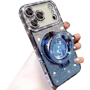Glitter Kickstand Case for iPhone 17 Pro Max,Cute Bling Sparkly Diamond Rhinestones with Camera Lens Protector Liquid Flowing Ring Stand TPU Bumper Women Girls Case for iPhone 17 Pro Max,Blue