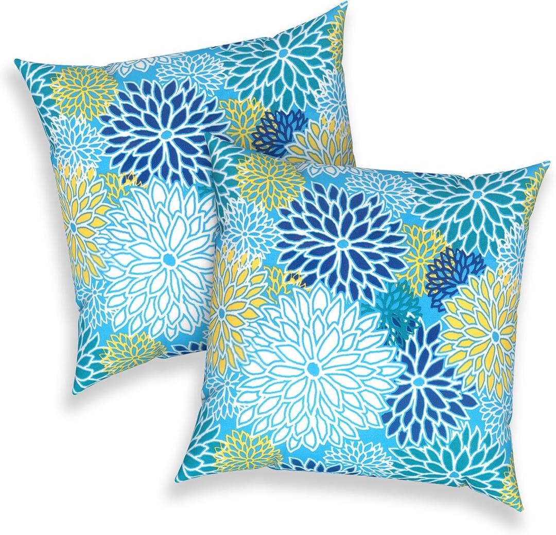 Outdoor Throw Pillows 16x16 Inch, Water Repellent Patio Pillows with Inners Set of 2 for Patio Furniture Home Garden, Dahlia Blue