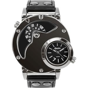 Men's Unique Analog Watch, Waterproof Fashion Dress Quartz Wrist Watch with Dual Dial Cool Design Leather Band Dual Time Watches