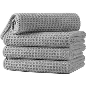 Microfiber Waffle Hand Towels, 4 Pieces, Soft, Absorbent, Fast Drying, Lint Free (Silver)