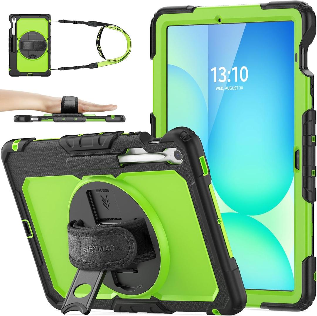 SEYMAC stock Case for Samsung Galaxy Tab S10 FE+ Plus 5G Tablet Case 13.1'' Protective with Screen Protector, Pen Holder, 360 Rotate Stand, Hand Strap, Shoulder Strap, Green1