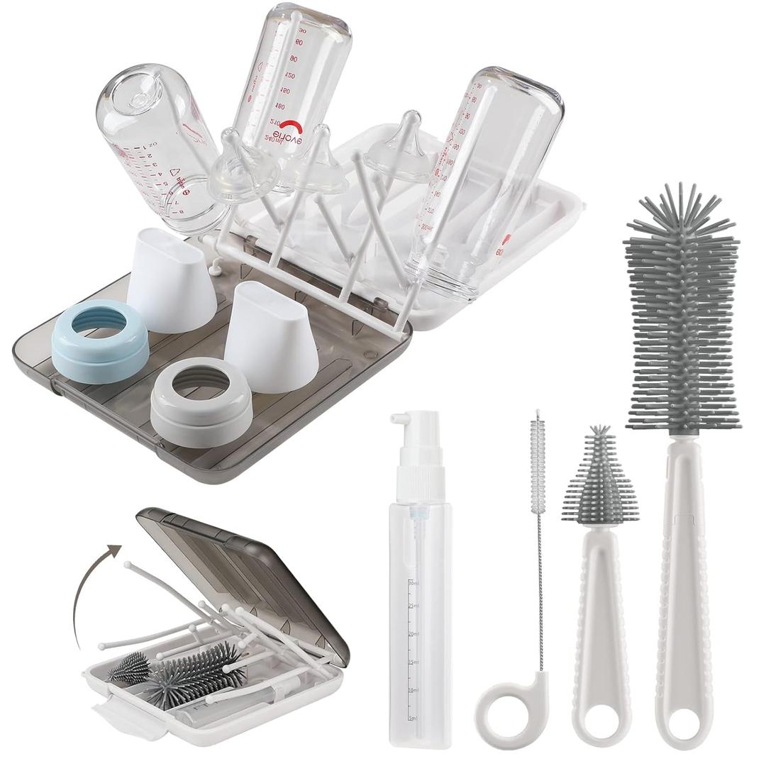 Baby Bottle Brush,6 in 1 Bottle Cleaner Set with Extendable Silicone Bottle Brush,Drying Rack,Nipple & Straw Brushes,Soap Dispenser & Organizer Case,Ideal Gifts for Babies& Moms