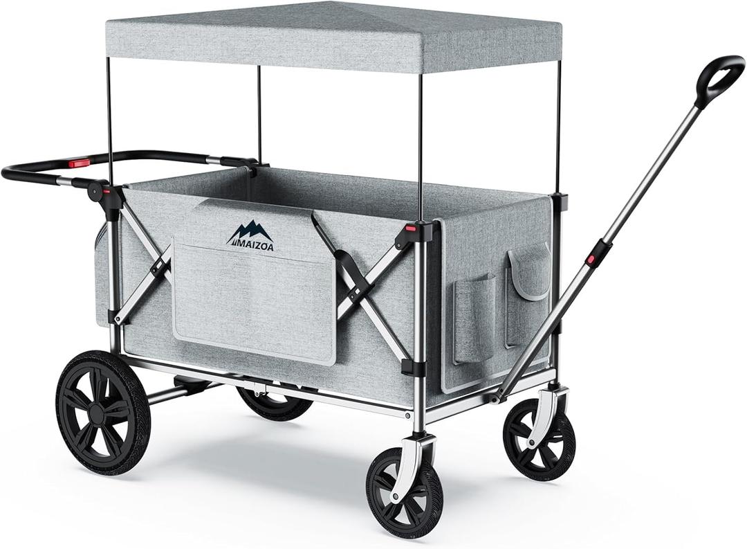 Foldable Wagons for Two Kids & Cargo, with 5-Point Harnesses,Adjustable Push/Pull Handle, Removable Sun Canopy, One-Step Locking Design, Suitable for Family Travel, Two Children Ride, Black (Silver)