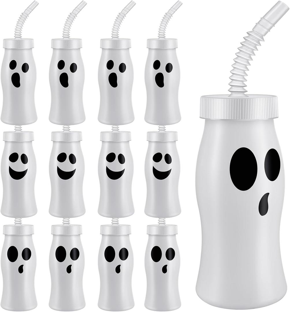 12 Pcs Halloween Ghost Shape Cups with Lids and Straws White Reusable Plastic 8 oz Spooky Little Ghost Cups Bulk for Happy Halloween Party Supply Gift Tableware Decoration Favor