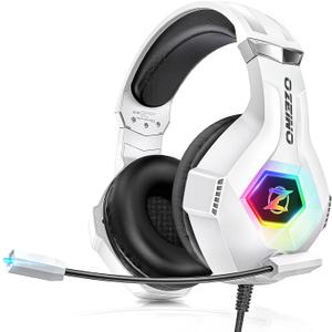 Ozeino Gaming Headset for PC, Ps4, Ps5, Xbox Headset with 7.1 Surround Sound Gaming Headphones with Noise Canceling Mic, LED Light Over Ear Headphones for Switch, Xbox Series X/S, Laptop, Mobile White