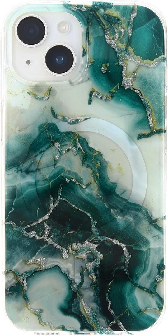 Premium Marble Pattern Case for The iPhone 14 and iPhone 13, Deep Green and White Design with Silver and Gold Leaf Accents, Impact-Resistant and with Magnets