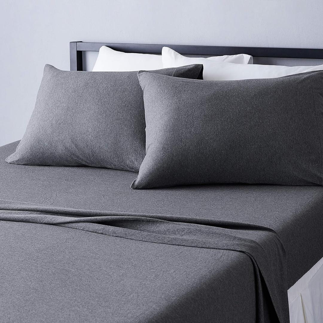 Amazon Basics 4 Piece Breathable 100% Cotton Jersey Bed Sheets Set, Machine Washable, Stretchy Flat and Fitted Sheets, Pillowcase, King, Dark Gray, Solid