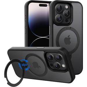 CACOE Magnetic Case for iPhone 14 Pro Max 6.7 inch with 360 Rotatable Ring Stand, Compatible with MagSafe Car Phone Mount, Cases Cover Phone Holder for Desk Meeting/VideosMatte Black