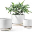 LE TAUCI Ceramic Plant Pots, 4.3+5.3+6.8 inch, Set of 3, Planters with Drainage Hole and Saucer, Indoor Flower Pot with Hole Mesh Pad, Gifts for Mom, White