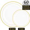 FOCUSLINE Gold Plastic Plates Set of 60, Disposable Plates with Gold Rim 30 Dinner Plates 10" and 30 Salad Dessert Appetizer Plate 7", Elegant Fancy Heavy Duty Wedding Party Plates