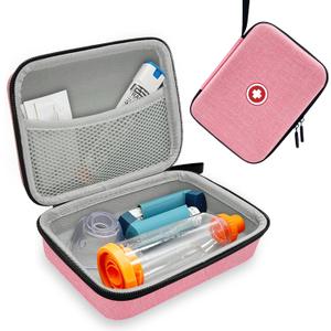 Klawdsky Hard Inhaler Spacer Case for Kids and Adults, Asthma Inhaler Case with Mesh Pocket for Medicine and Other Accessories, Pink (Bag Only)