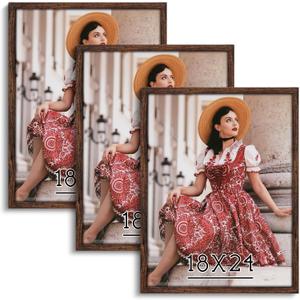 Dark Brown 18x24 Frame Set of 3 - Rustic Woodgrain 18 x 24 Poster Frame with Plexiglass for Wall Gallery Display, 18x24 Picture Frame for Puzzles, Artwork, Photos and Posters - Ideal Christmas Day