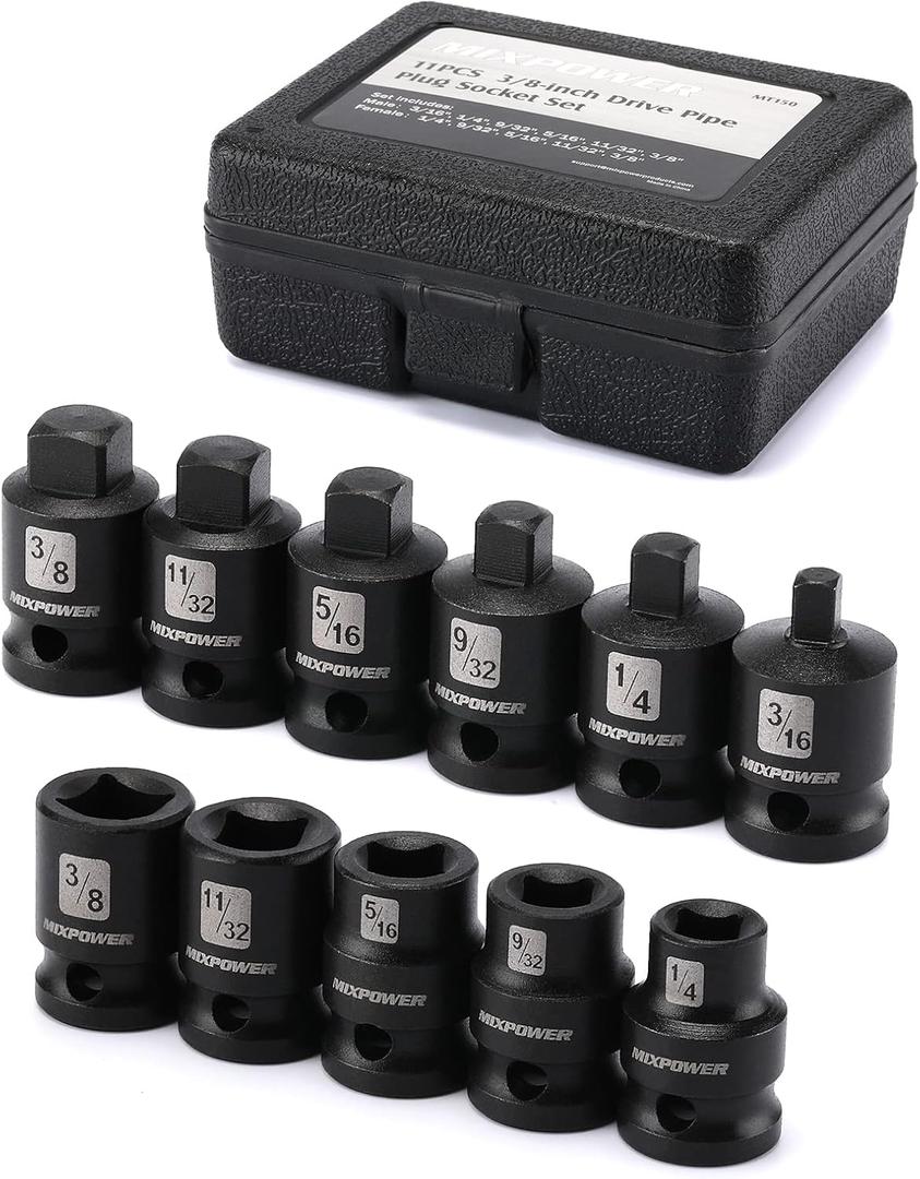 MIXPOWER 11 Pieces 3/8-inch Drive Pipe Plug Socket Set, SAE, CR-MO, Tapered Male Square Drive, Chamfered Female Square Drive