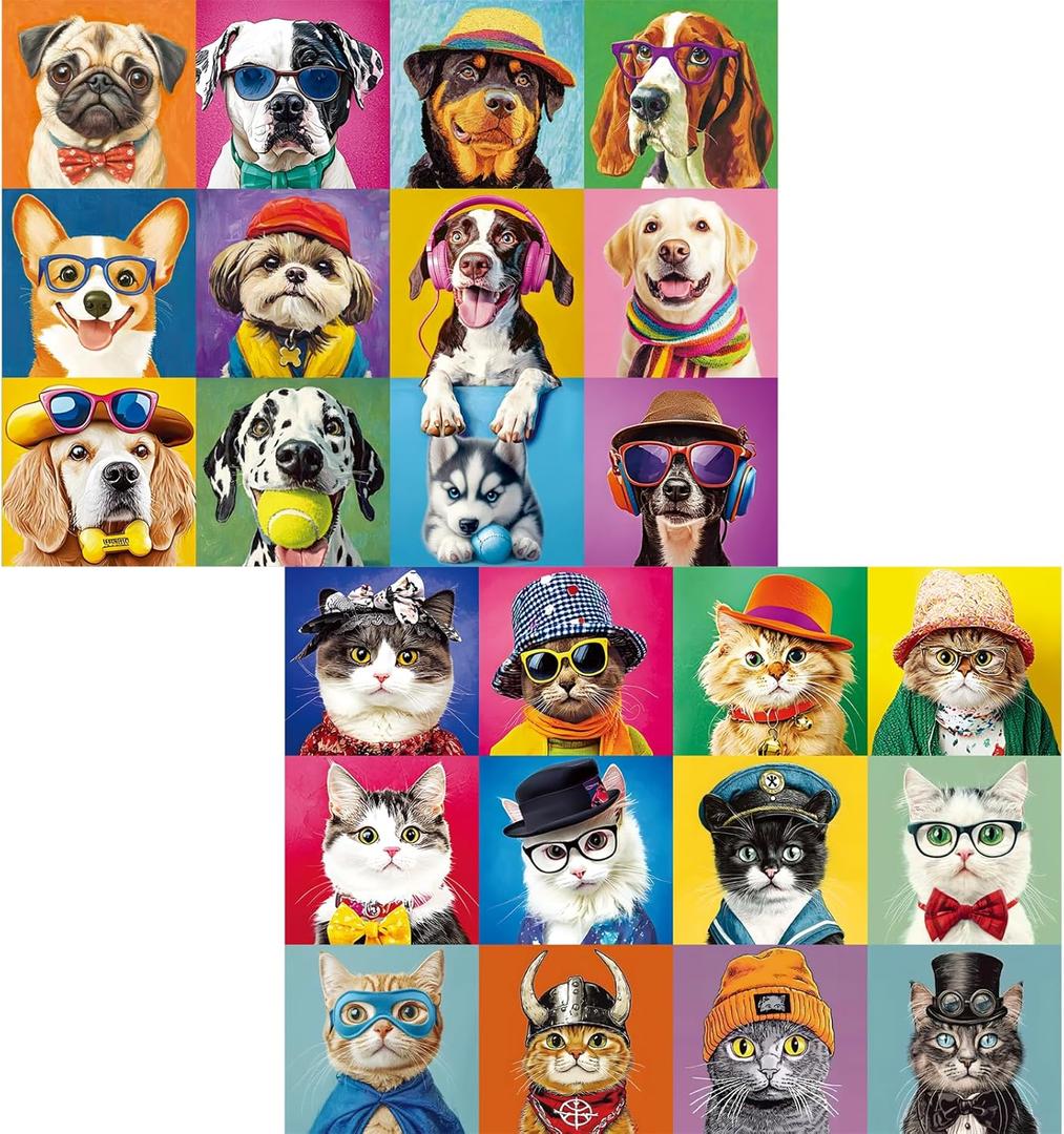 2 Pack 300 Piece Puzzle for AdultsBeautiful Cats Dogs Puzzle for Adults TeensLarge Piece Fun Jigsaw Puzzle for Kids Ages 8-10 10-12,Glossy & Sturdy Pieces,Family Game Great Gift Idea,20.5x15 in