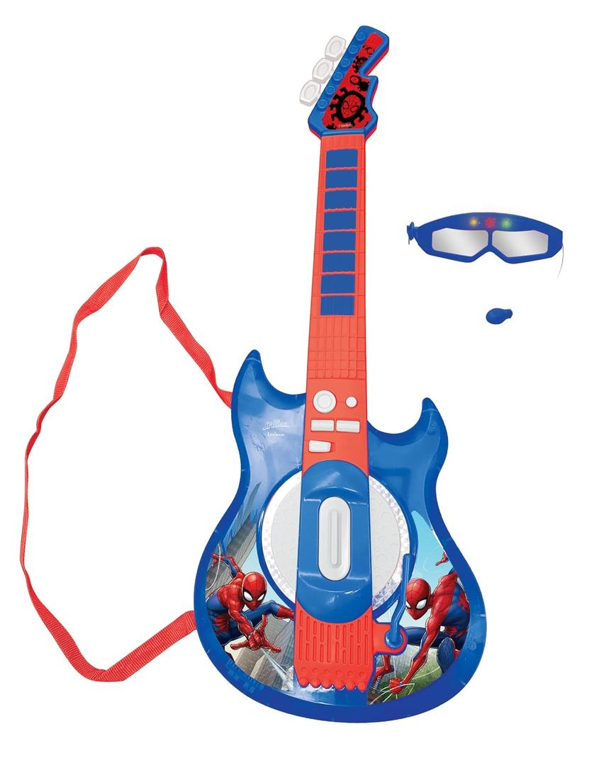 Lexibook, Spider-Man, Light-Up Electronic Guitar with Microphone, Glasses with Microphone, melodies, 2 Game Modes, MP3 Input, Blue/red, K260SP