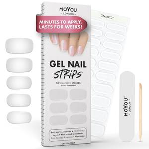 MOYOU LONDON Semi Cured Gel Nail Strips - 20 Pcs. Waterproof Gel Nail Wraps, Cures in Sunlight or UV/LED Lamp, Lasts Up to 2+ Weeks, Stretchable, Easy to Apply & Remove, Vegan & Cruelty-Free (Clear)