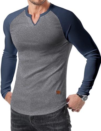 JMIERR Mens Shirts Casual V-Neck Muscle Slim Fitted Workout Gym Athletic T-Shirts Fall Fashion Patchwork Henley Shirt for Men, M