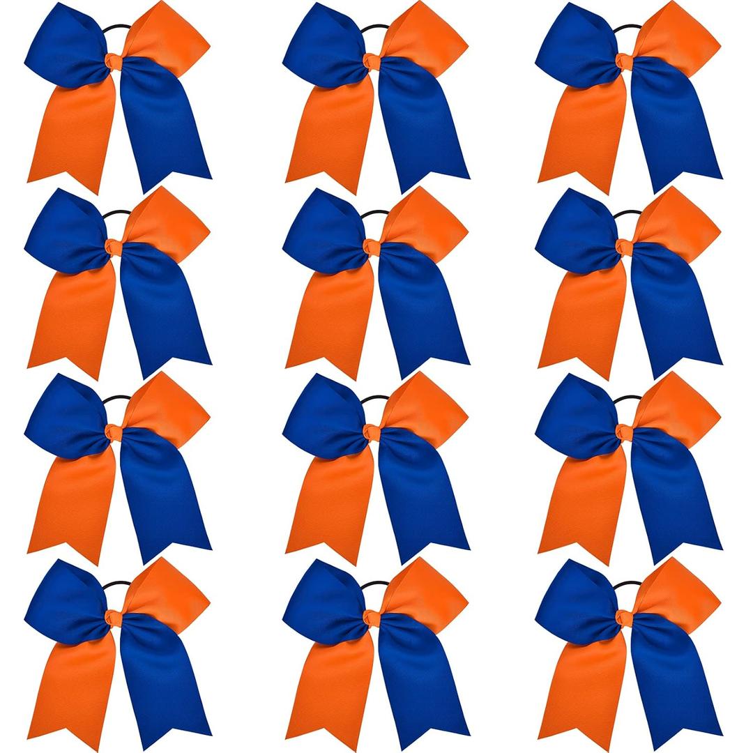 12 Pcs Large Cheer Bows 8" Bulk Hair Bow Accessories with Ponytail Holder for Girls High School College Cheerleading (Orange/Blue(12pcs))