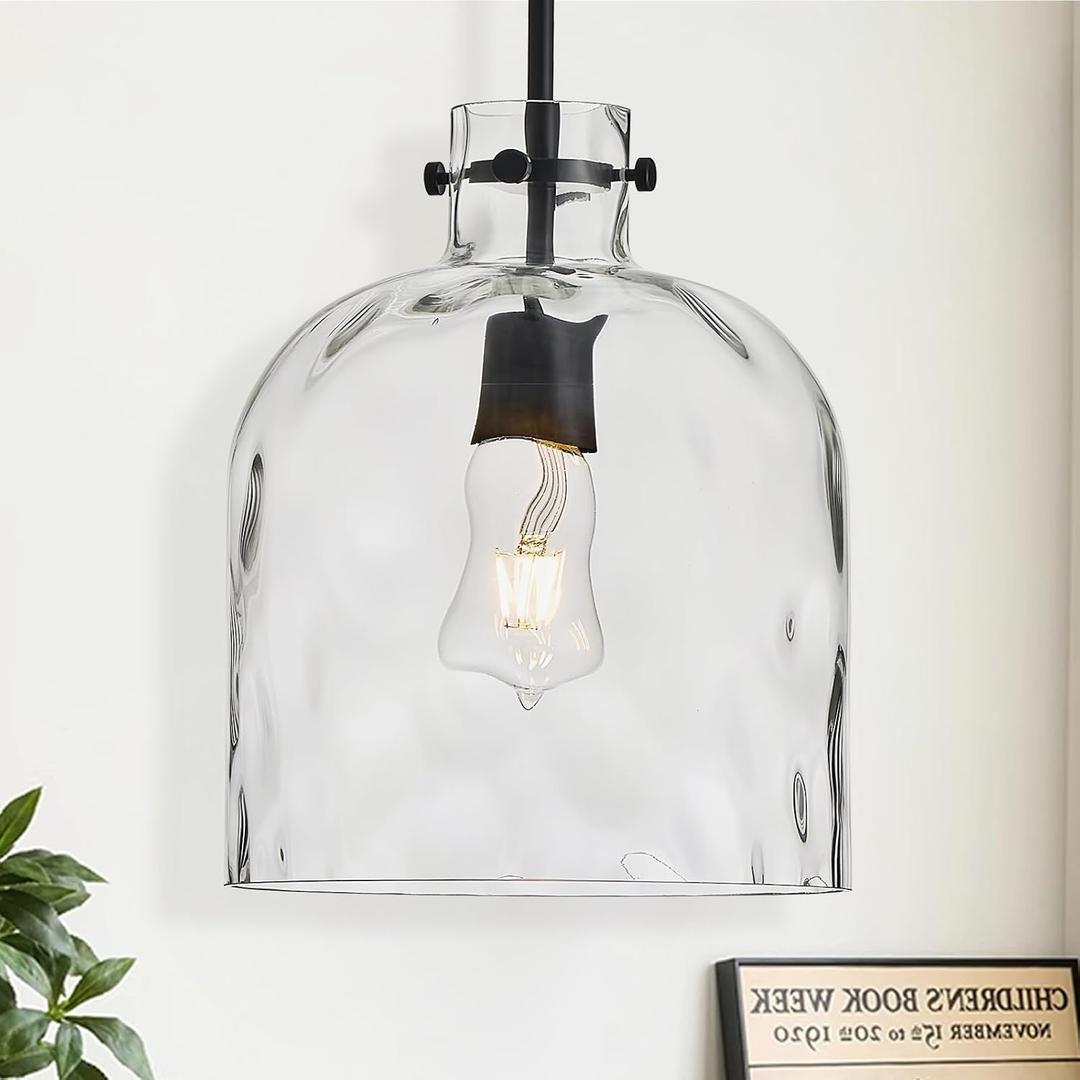 Modern Black Glass Pendant Light  10-Inch Wide Single Dome Light Fixture, 1-Light E26 Ceiling Hanging Lamp for Kitchen Island, Dining Room, Hallway (9.4 inches)