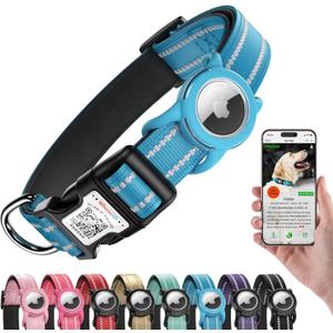 Airtag Dog Collar with QR Code, Reflective Dog Collar with Airtag Holder, Soft Padded & Safety Locking Buckle Adjustable Pet Collar for Medium Dogs (Blue)