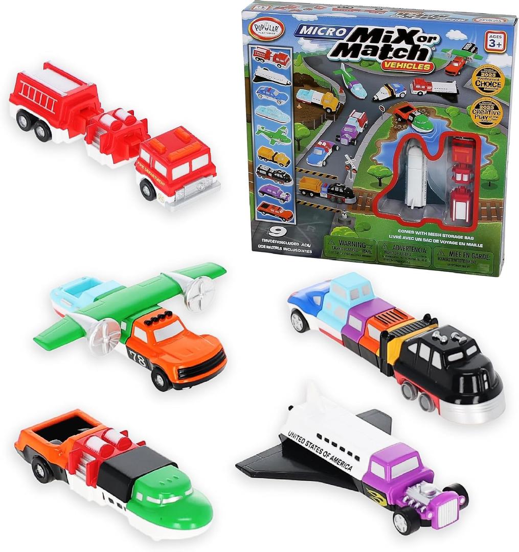 Popular Playthings Magnetic Vehicles for Toddlers 1-3, Mini Mix or Match Car Toys, Set of 9 Gift for Kids - Vehicles
