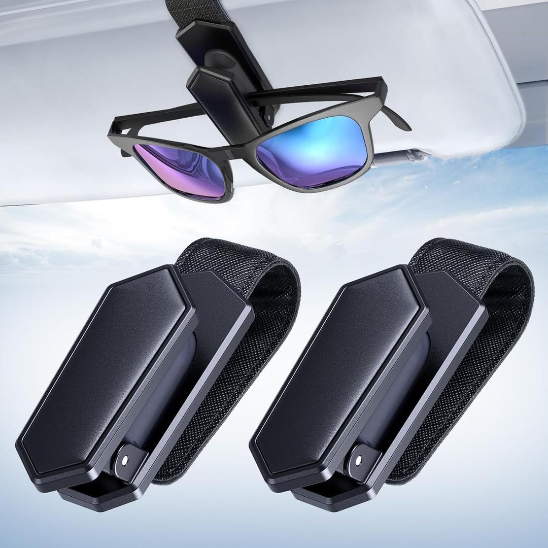 Veharvim Sunglass Holder for Car (One-Handed-Operation, Gentle & Secure Hold, Silicone Padded, Universal Fit, Metal Clip) Visor Sunglass Holder Clip,Visor Sunglass Car (Black, 2 Pack)