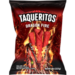 Taqueritos Dragon Fire, Spicy Rolled Corn Tortilla Chips, 8oz (Pack of 12), Best By: December 28 2025