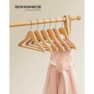 SONGMICS Kids Wooden Hangers 5 Pack, Solid Wood Baby Hangers, Children's Coat Hangers with Pants Bar, Shoulder Notches, Swivel Hooks, 12.6 x 7.5 Inches, Natural and Silver
