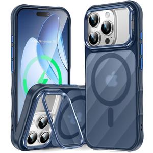 [Camera Ring Stand+Wave Magnetic Back] for iPhone 16 Pro Max Case, [Fit for Magsafe][Non-Slip Edge] Matte Translucent Protective Phone Case Cover Men Women for iPhone 16 Promax 6.9", Blue
