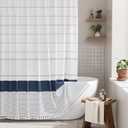 AmazerBath Boho Shower Curtain Set, Rustic Faux Linen Navy Blue Striped Shower Curtain with Hooks, Modern Farmhouse Shower Curtain with Tassels, White Base Toned, 72x72 Inches
