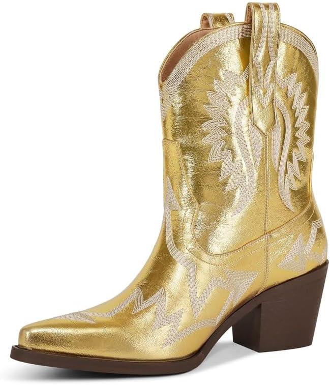 Western Boots for Women Metallic Embroidered Pointed Toe Cowgirl Boots Chunky Heel Pull-On Short Cowboy Boots Wide Calf Country Ankle Boots (8)