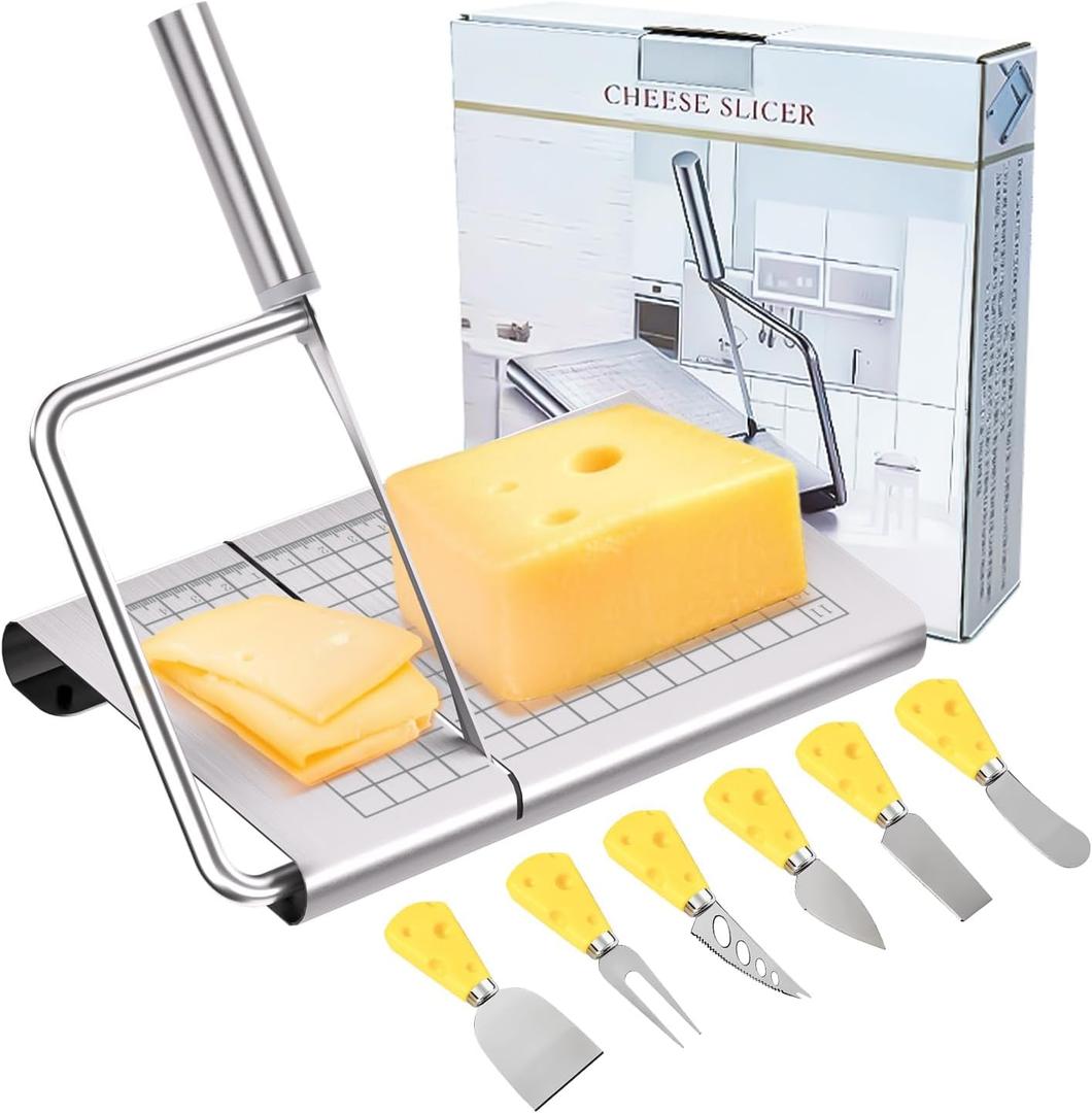 Cheese Slicer, with Measuring Grids Board & 6 Piece Cheese Knives, Stainless Steel Cheese Cutter with Blade, for Block Cheese, Butter and Sausages, Dishwasher Safe