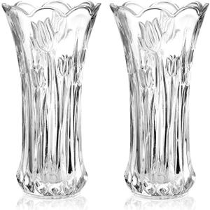 Dicunoy Set of 2 Glass Flower Vase, 9.5" Large Flower Vases for Centerpieces, Modern Clear Heavy Duty Crystal Tall Cylinder Flared Vase for Rose Bouquet, Home, Wedding, Living Room, Office