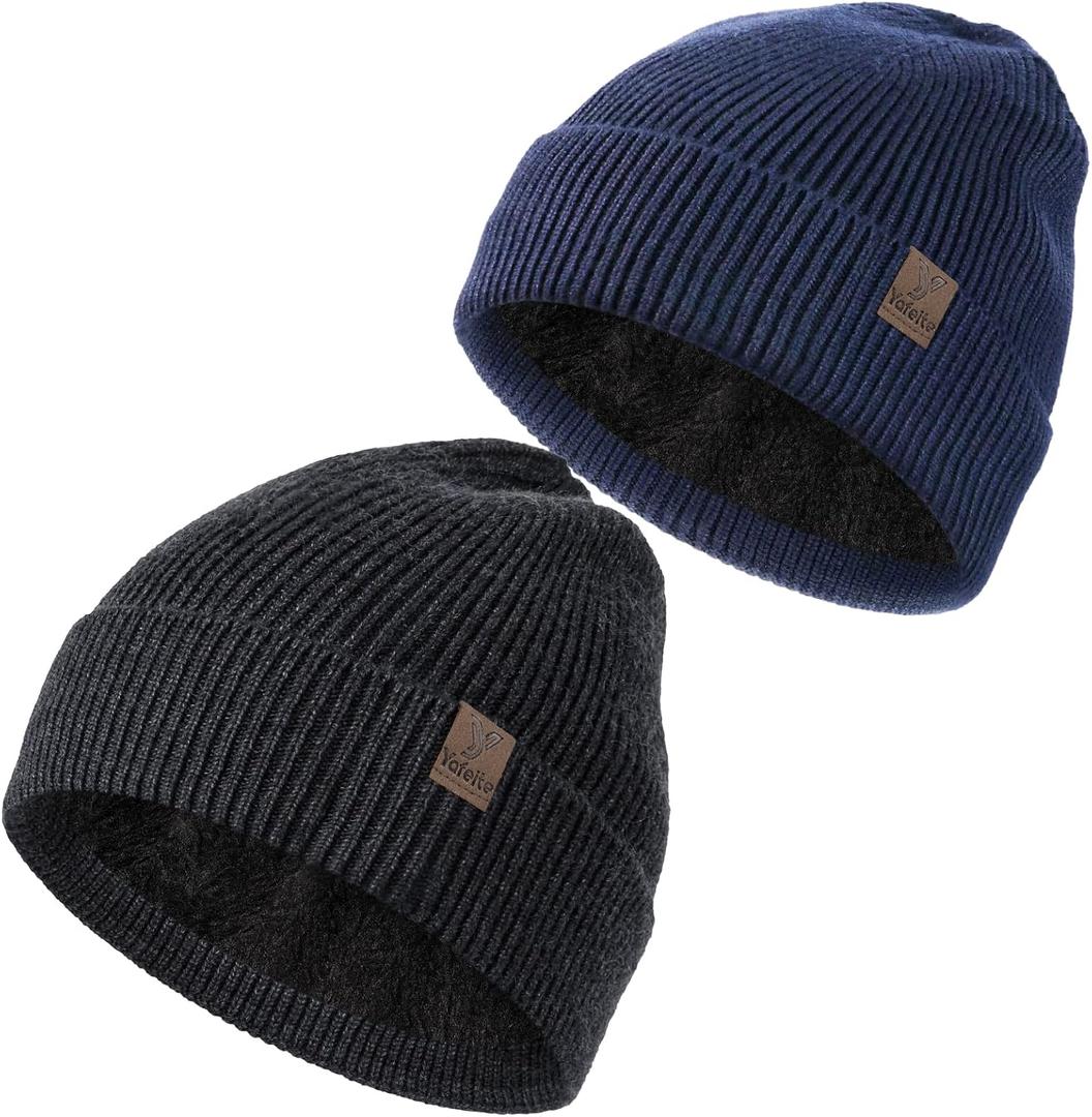 Winter Beanies Hats for Men Women, 2-Pack Soft Fleece Lined Beanie, Insulated Ski Stocking Cap for Cold Weather