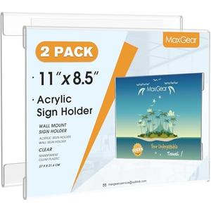 MaxGear 2 Pack Acrylic Sign Holder 8.5x11 with Double Sided Tape, Clear Plastic Door Wall Mount Sign Holder Document Flyer Poster Paper Acrylic Wall Frame for Office, Home, Store, Restaurant