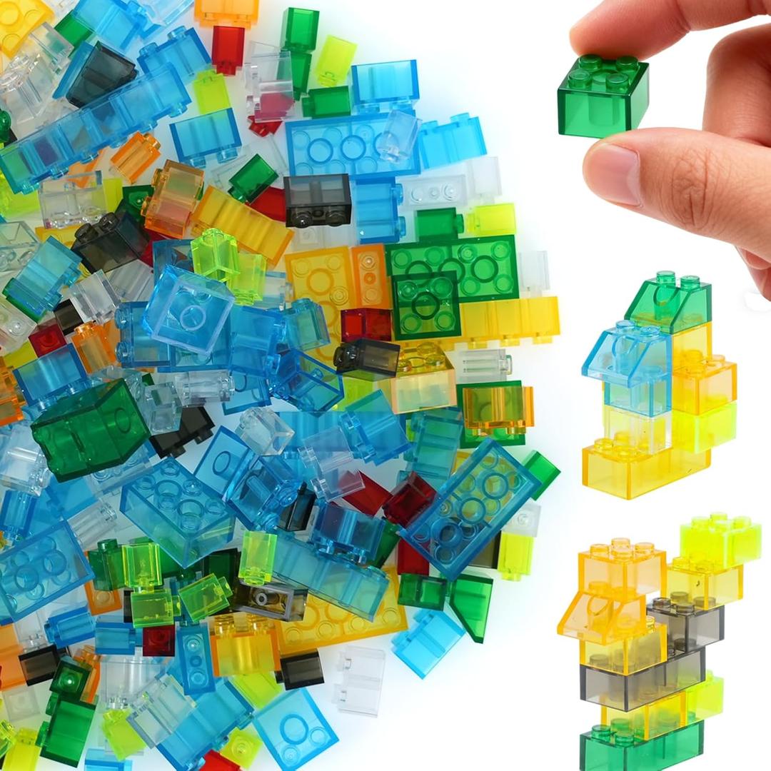 MALEKO 300 Pieces Transparent Clear Bricks Parts Pack, Classic Creative Bulk Blocks Set Blocks in Random Color - Mixed Shape