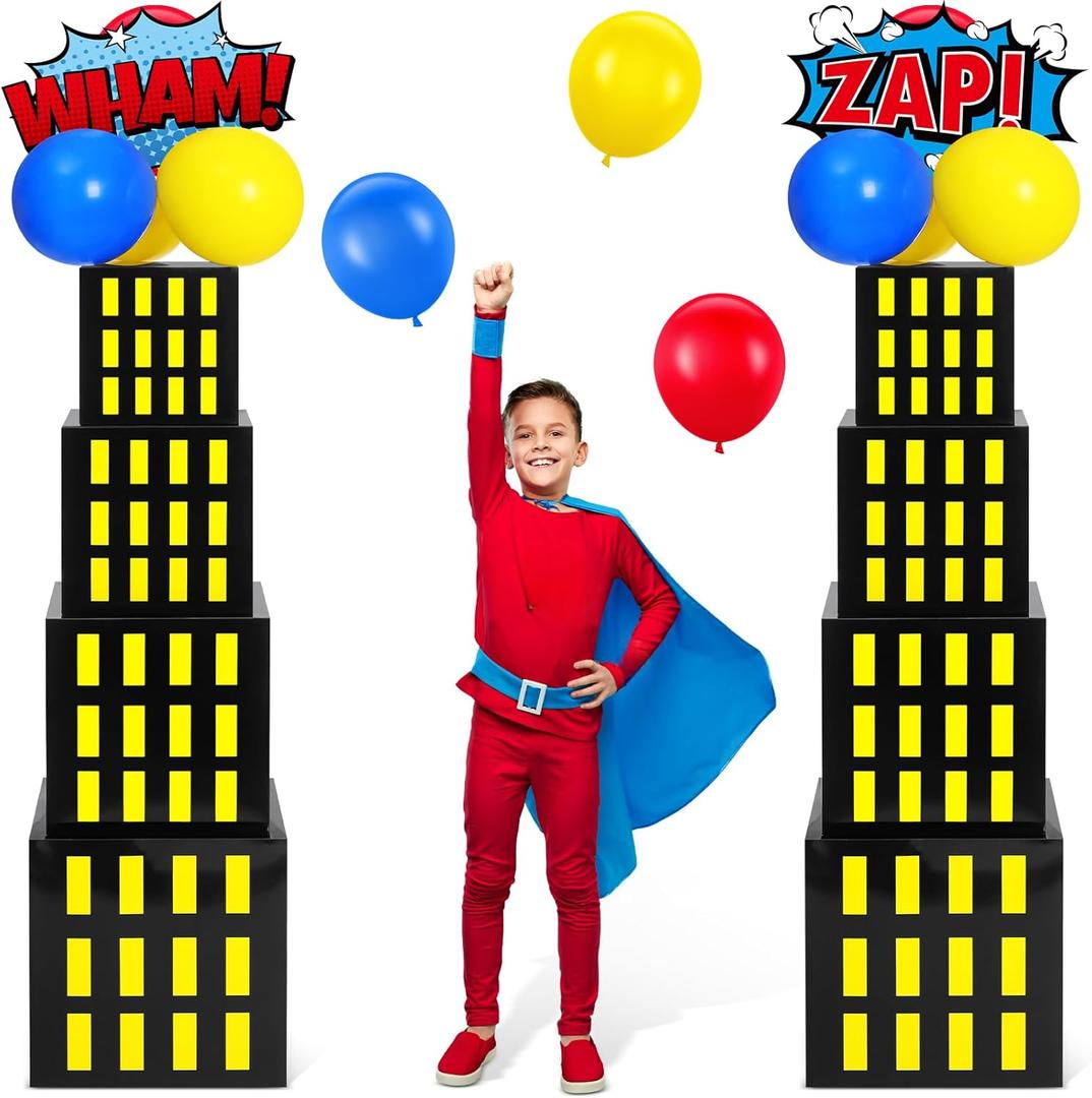 Leitee 40 Pcs Hero Theme Party Decoration, Hero Theme Party Favor Boxes with Balloons and Cutouts, Skyscraper Centerpiece Boxes City Skyline Buildings Photography Backdrop for Birthday Decor(Yellow)