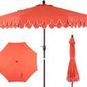 JONATHAN Y UMB1002A Tracy 9 ft. Classic MidCentury Scalloped Fringe Market Patio Umbrella with Auto-Tilt, Crank, Wind Vent and UV Protection in Coral Red/White