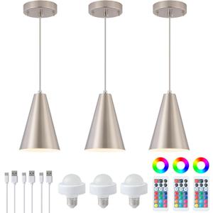 Dijiahua Brushed Nickel Battery Operated Pendant Lights Kitchen Island 3 Pack with Remote Control,Modern Wireless Rechargeable RGB Color Temperatures Hanging Lamp Fixtures with Silver Metal Shade