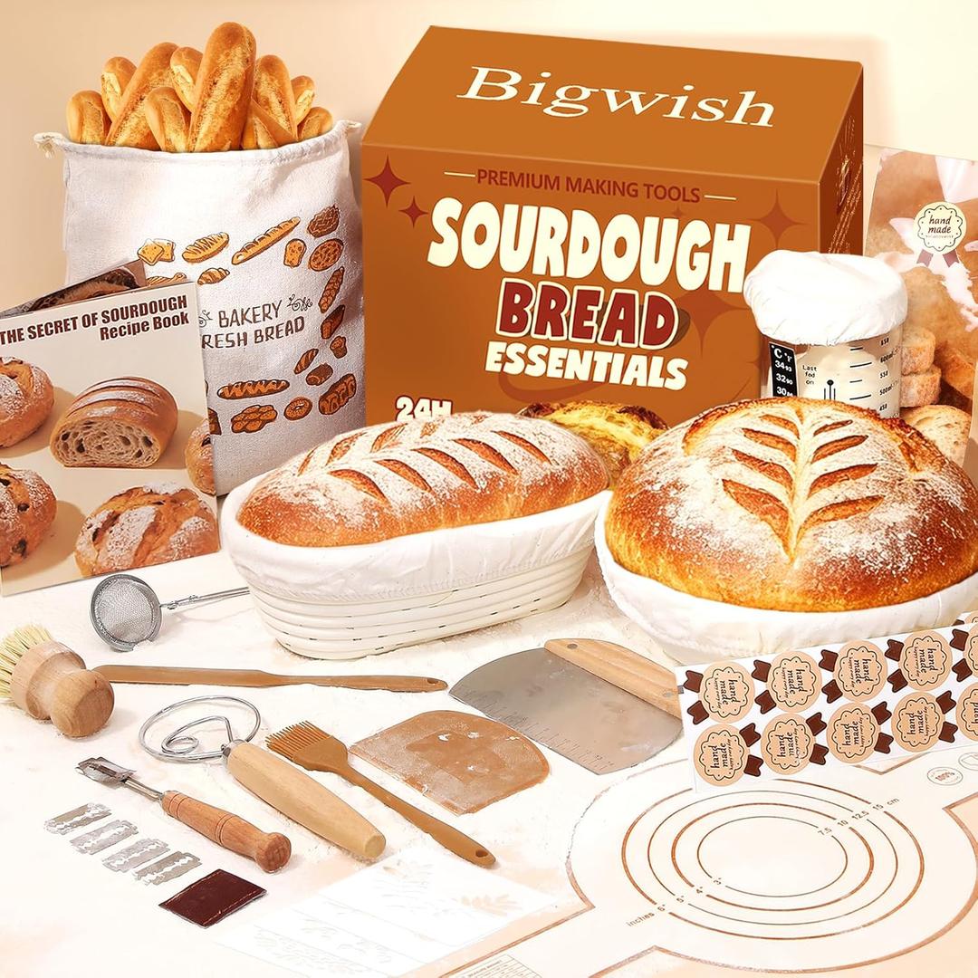 Sourdough Starter Kit, Sourdough Tools with Banneton Bread Proofing Basket, Sourdough Starter Jar, Sourdough Bread Baking Supplies, Complete Sourdough Kit Gifts for Bakers Women Mom (Brown)