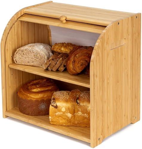 FoverOne Bamboo Bread Box for Kitchen Countertop, Roll-top Breadbox Breads Storage Boxe with Adjustable Middle Shelf