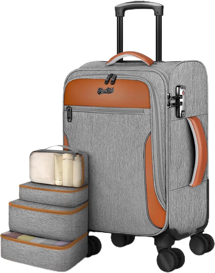 Carry On Luggage 22x14x9 Airline Approved, 20 Inch Softside Suitcase with 4 Pcs, Lightweight Luggage for Women Men with TSA Lock and 4 Spinner Wheels, Soft Side Carry-on Suitcases for Travel, Grey