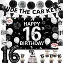 Holkcog 16th Birthday Party Decorations for Boys, Hide The Car Keys 16 Years Old Banner, Black 16th Number Balloons & Cake Topper, Glitter Black Sweet 16 Party Honeycomb Hanging Swirl, Bro I'm 16