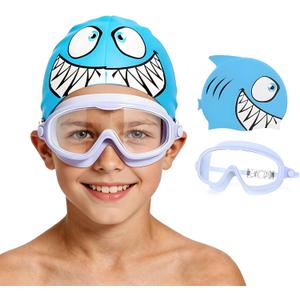 Kids Swim Goggles for 3-8 with Swim Cap, Swimming Goggles Cap Set with Anti-Fog Anti-UV for Boys Girls Toddler
