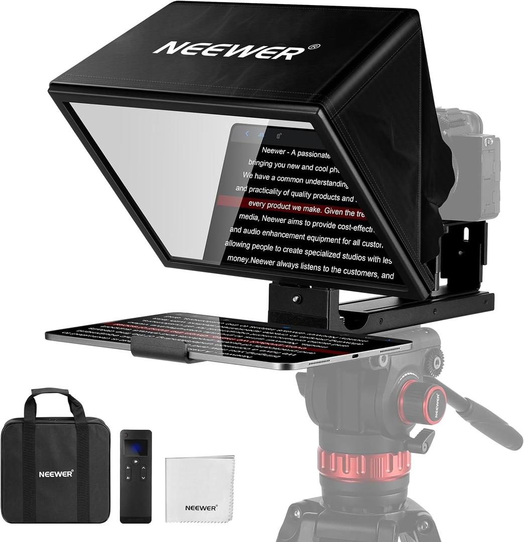 NEEWER Basics X12B Aluminum Alloy Teleprompter 12" for iPad Tablet DSLR Camera, Bluetooth, No Assembly, Remote & App Control, Compatible with iOS Android, Black, for Streaming