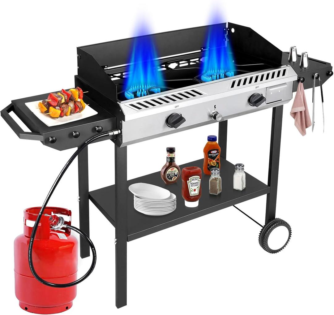 Bestfire 2 Burner Propane Stove Outdoor Camping Gas Stoves 150,000 BTU Auto Ignition with Regulator and Side Shelves Perfect for Patio Home Cooking and Frying (Flagship)