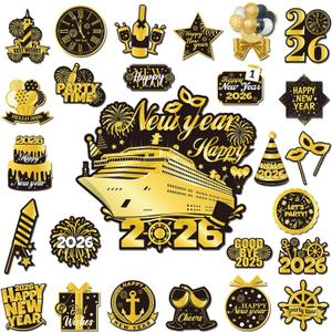26PCS New Year Cruise Door Magnet Black Gold New Year Refrigerator Magnets Happy New Year 2026 Cruise Metal Door Decoration Fridge Garage Magnetic Stickers for Holiday Ship Carnival Cabin Party Decor